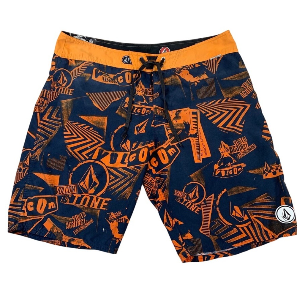 Volcom Stone‎ Board Shorts Mens 38 Navy Orange Graphic Surf Swim Trunks Loud Y2K